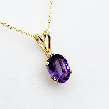 Gold Amethyst Pendant Necklace, 10K Yellow Gold Genuine Amethyst 8x6mm with Diamond , February Birthstone Jewelry for Her, Purple Gemstone