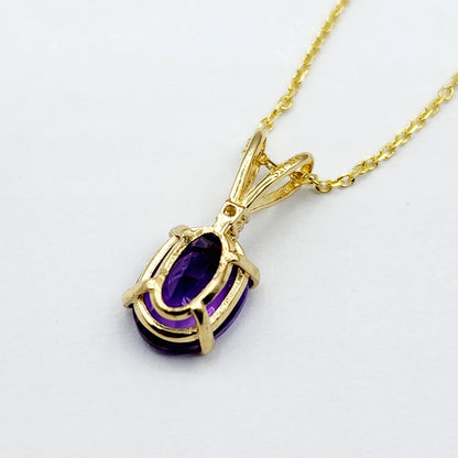 Gold Amethyst Pendant Necklace, 10K Yellow Gold Genuine Amethyst 8x6mm with Diamond , February Birthstone Jewelry for Her, Purple Gemstone