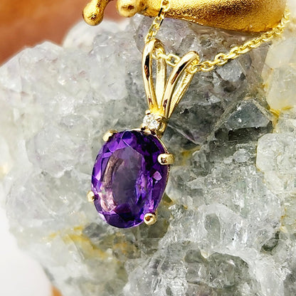 Gold Amethyst Pendant Necklace, 10K Yellow Gold Genuine Amethyst 8x6mm with Diamond , February Birthstone Jewelry for Her, Purple Gemstone