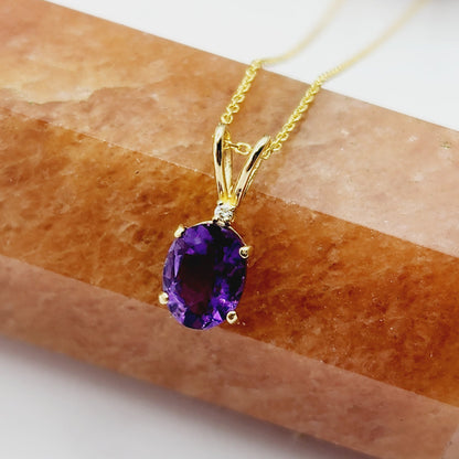 Gold Amethyst Pendant Necklace, 10K Yellow Gold Genuine Amethyst 8x6mm with Diamond , February Birthstone Jewelry for Her, Purple Gemstone