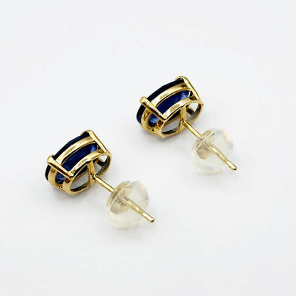 Gold Blue Sapphire Stud Earrings, 10K Yellow Gold Genuine Blue Sapphire 8x6mm Earrings, Gemstone Jewelry For Women, September Birthstone