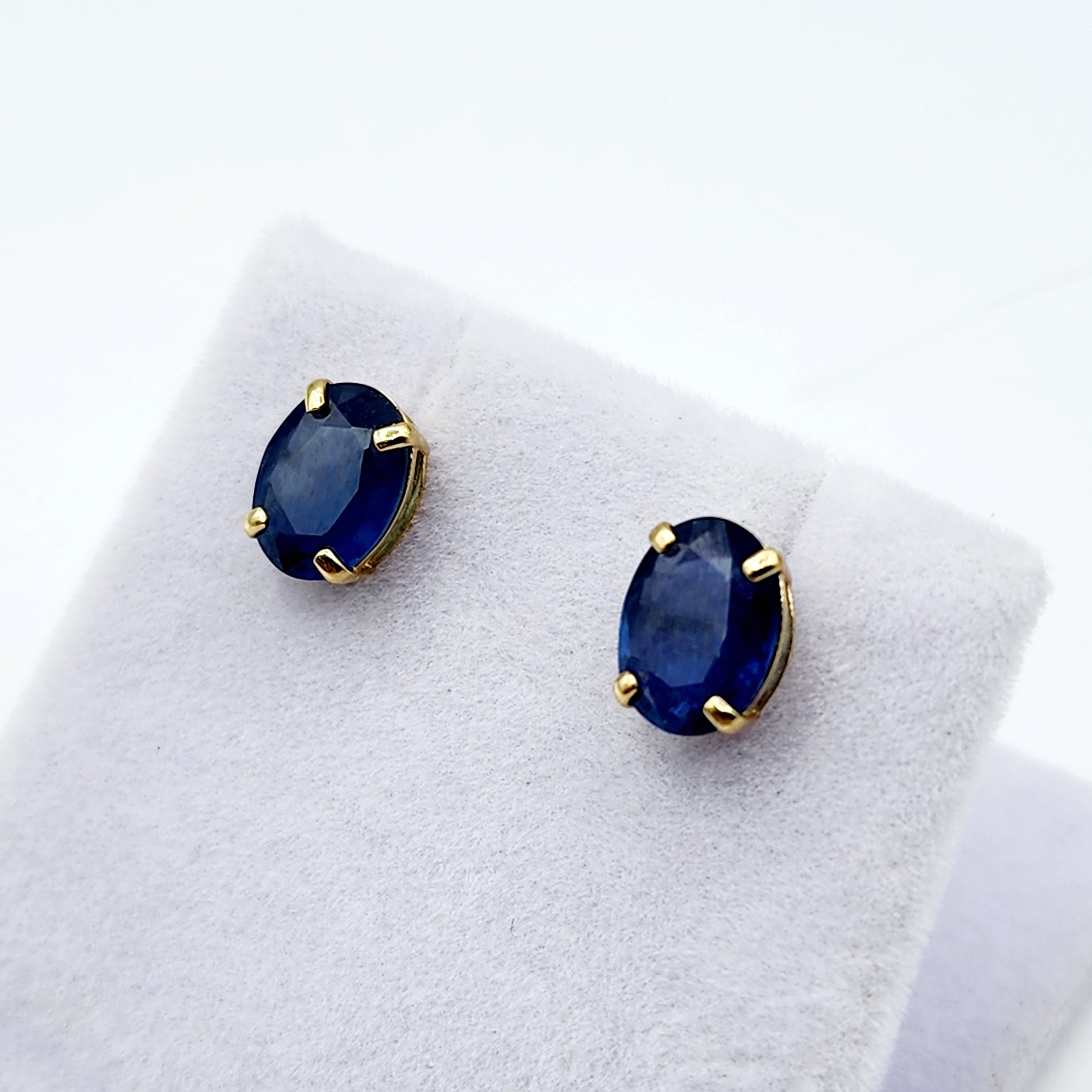 Gold Blue Sapphire Stud Earrings, 10K Yellow Gold Genuine Blue Sapphire 8x6mm Earrings, Gemstone Jewelry For Women, September Birthstone