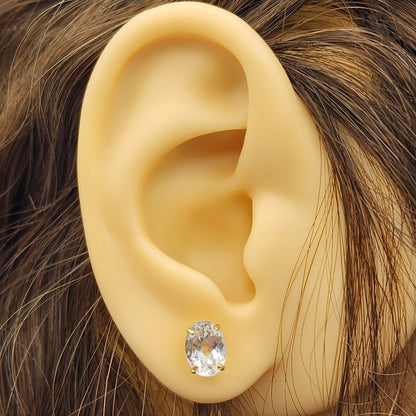 Gold White Topaz Stud Earrings, 10K Yellow Gold White Topaz 8x6mm Earrings, Genuine Gemstone Jewelry for Women, Gold Earrings For Women