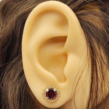 Gold Garnet Earrings, 10K Yellow Gold Milgrain Garnet 6x6mm Stud Earrings, Garnet Earrings for Women, January Birthstone, Milgrain Design