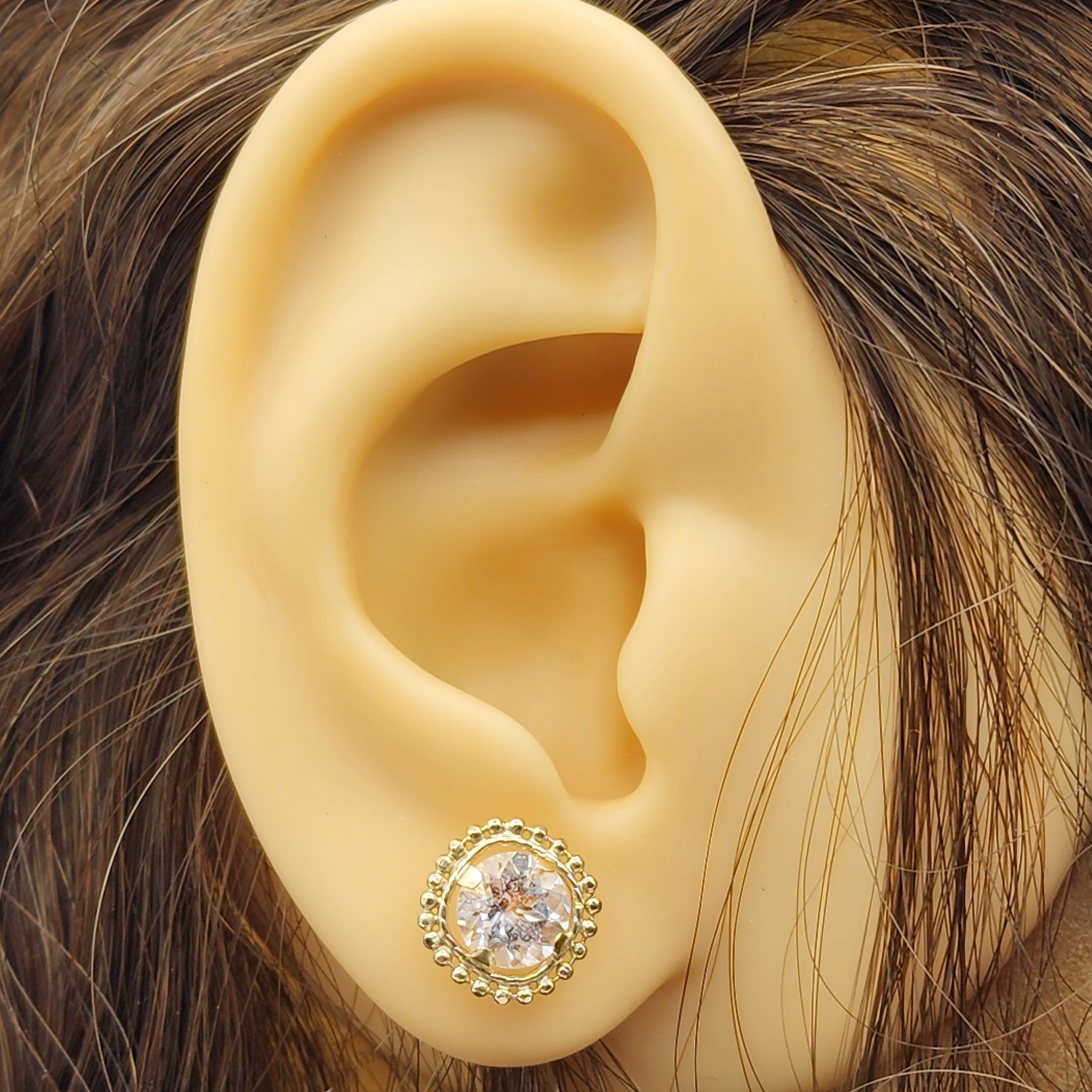Gold White Topaz Earrings, 10K Yellow Gold Milgrain Genuine White Topaz 6x6mm Stud Earrings, Fine jewelry, Elegant accessories, Gold Jewelry
