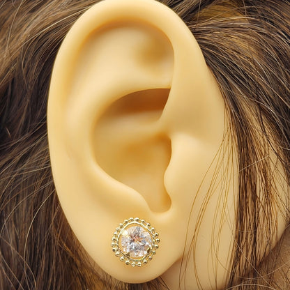 Gold White Topaz Earrings, 10K Yellow Gold Milgrain Genuine White Topaz 6x6mm Stud Earrings, Fine jewelry, Elegant accessories, Gold Jewelry