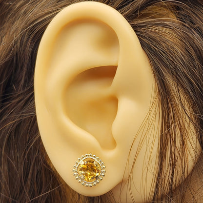 Gold Citrine Earrings, 10K Yellow Gold Milgrain Design Genuine Citrine 6x6mm Stud Earrings, November Birthstone Earrings Gift for Women