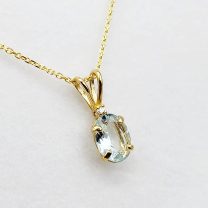Gold Aquamarine Pendant Necklace, 10K Yellow Gold Aquamarine 8x6mm With Diamond Pendant, March Birthstone Necklace Jewelry Gift For Her