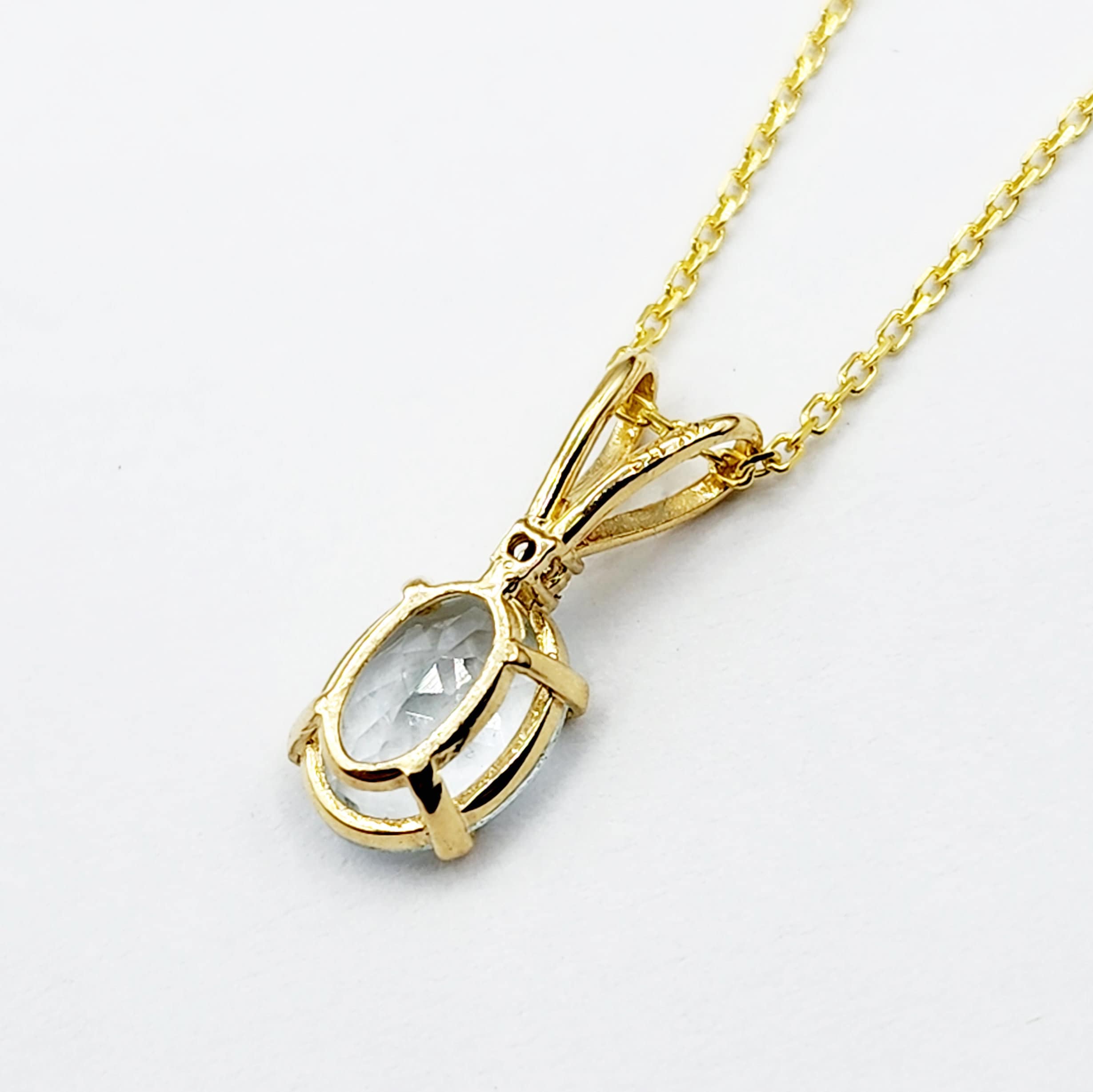 Gold Aquamarine Pendant Necklace, 10K Yellow Gold Aquamarine 8x6mm With Diamond Pendant, March Birthstone Necklace Jewelry Gift For Her