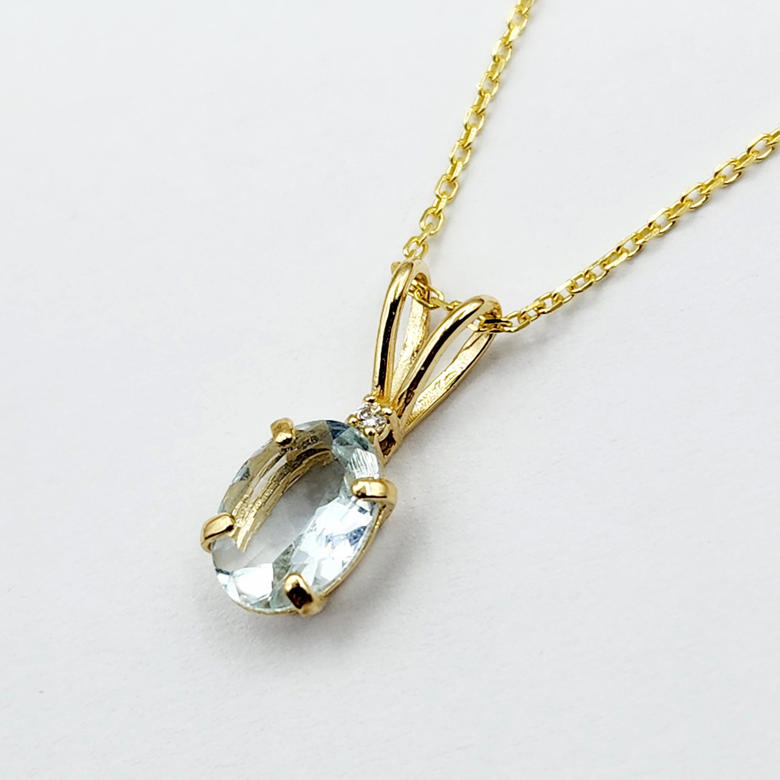 Gold Aquamarine Pendant Necklace, 10K Yellow Gold Aquamarine 8x6mm With Diamond Pendant, March Birthstone Necklace Jewelry Gift For Her