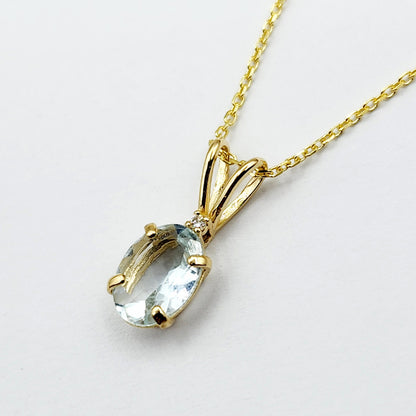Gold Aquamarine Pendant Necklace, 10K Yellow Gold Aquamarine 8x6mm With Diamond Pendant, March Birthstone Necklace Jewelry Gift For Her