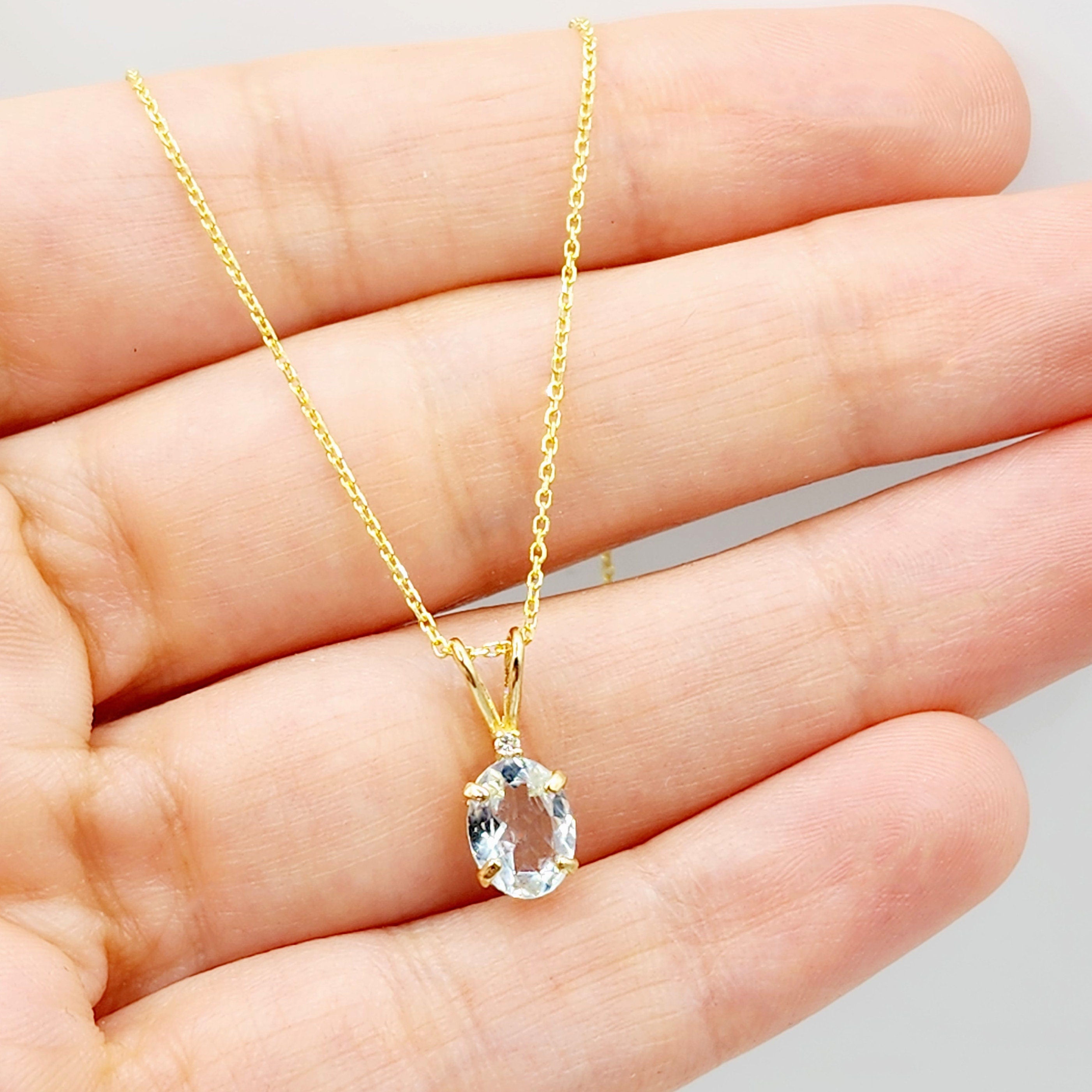 Gold Aquamarine Pendant Necklace, 10K Yellow Gold Aquamarine 8x6mm With Diamond Pendant, March Birthstone Necklace Jewelry Gift For Her
