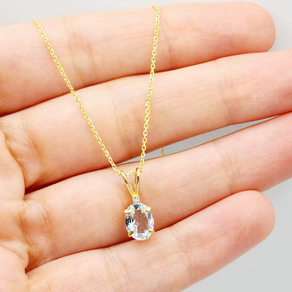 Gold Aquamarine Pendant Necklace, 10K Yellow Gold Aquamarine 8x6mm With Diamond Pendant, March Birthstone Necklace Jewelry Gift For Her