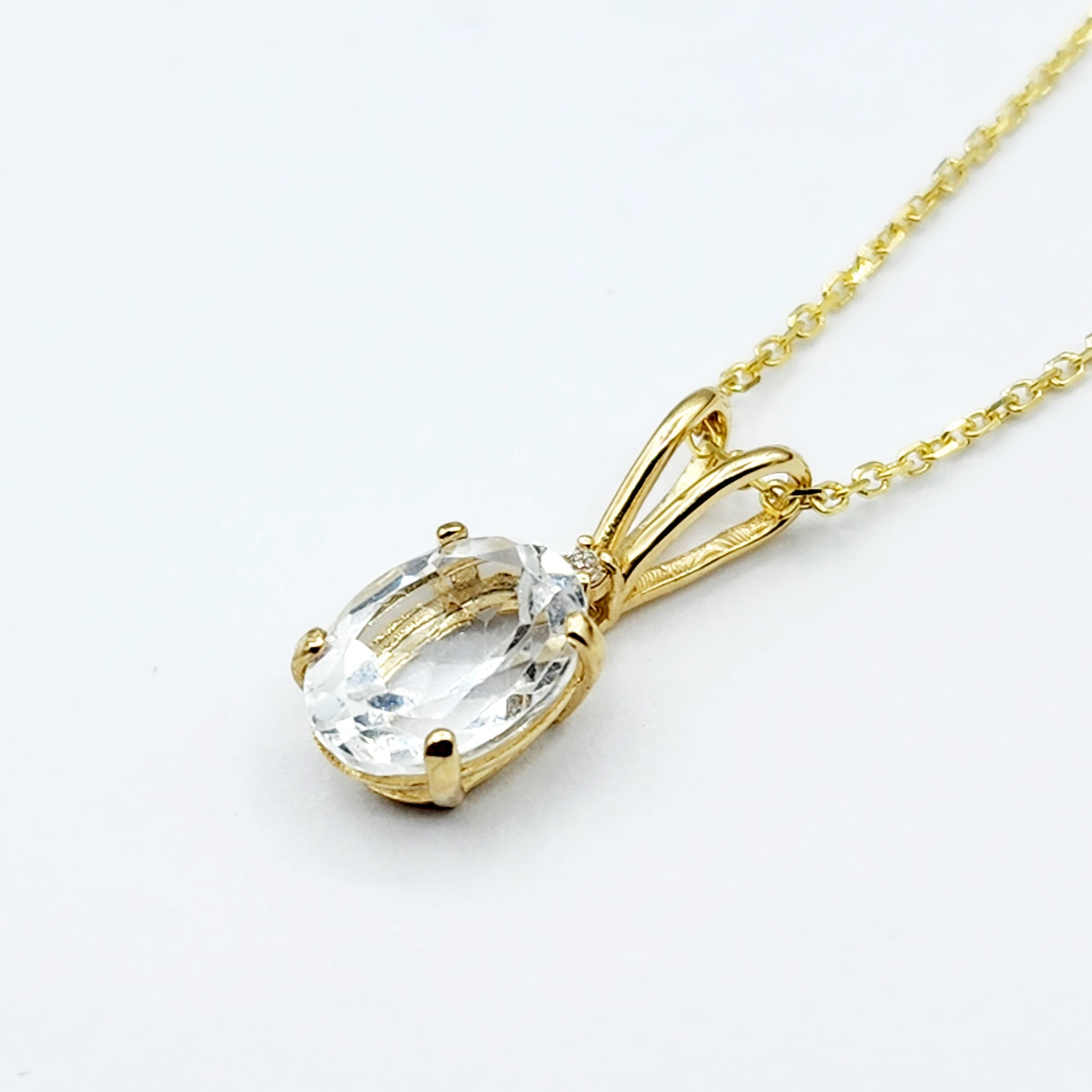 Gold White Topaz Pendant Necklace, 10K Yellow Gold White Topaz 8x6mm with Diamond  Necklace For Her, Gift For Women, White Gemstone Necklace
