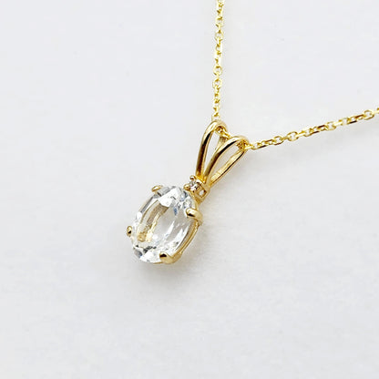 Gold White Topaz Pendant Necklace, 10K Yellow Gold White Topaz 8x6mm with Diamond  Necklace For Her, Gift For Women, White Gemstone Necklace