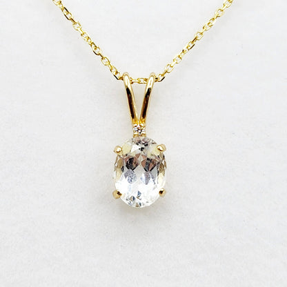 Gold White Topaz Pendant Necklace, 10K Yellow Gold White Topaz 8x6mm with Diamond  Necklace For Her, Gift For Women, White Gemstone Necklace