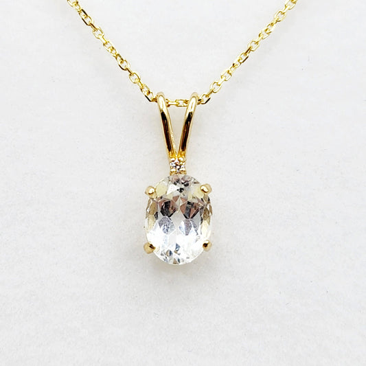 Gold White Topaz Pendant Necklace, 10K Yellow Gold White Topaz 8x6mm with Diamond  Necklace For Her, Gift For Women, White Gemstone Necklace