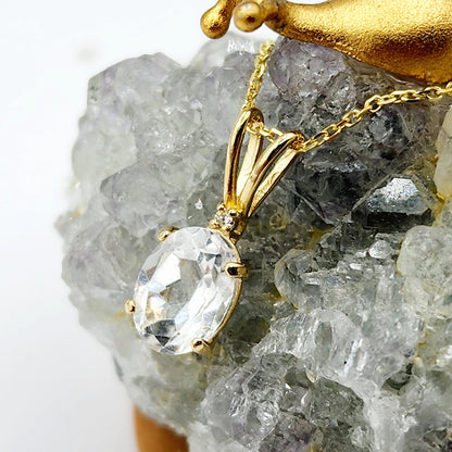 Gold White Topaz Pendant Necklace, 10K Yellow Gold White Topaz 8x6mm with Diamond  Necklace For Her, Gift For Women, White Gemstone Necklace