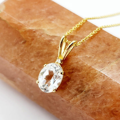 Gold White Topaz Pendant Necklace, 10K Yellow Gold White Topaz 8x6mm with Diamond  Necklace For Her, Gift For Women, White Gemstone Necklace