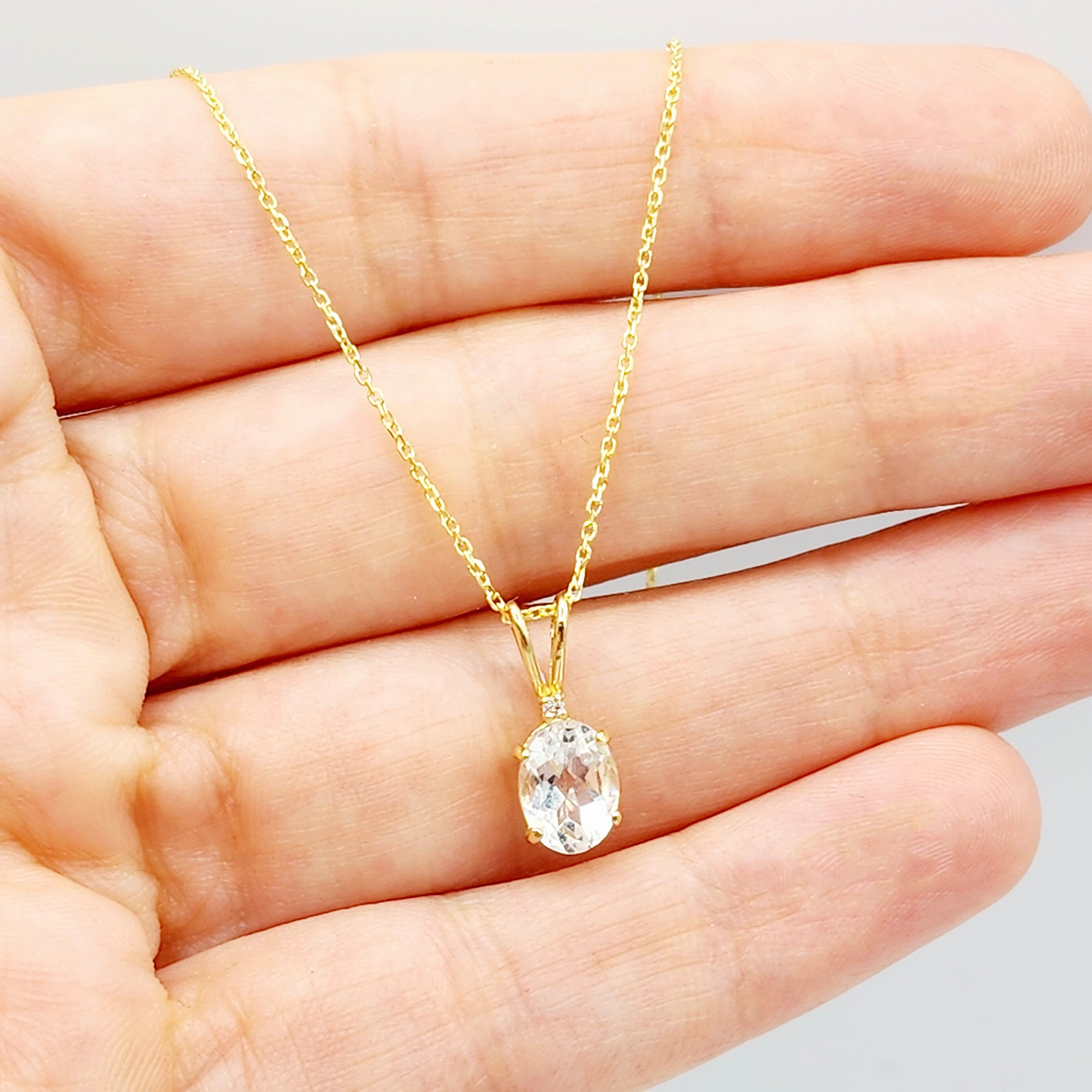 Gold White Topaz Pendant Necklace, 10K Yellow Gold White Topaz 8x6mm with Diamond  Necklace For Her, Gift For Women, White Gemstone Necklace