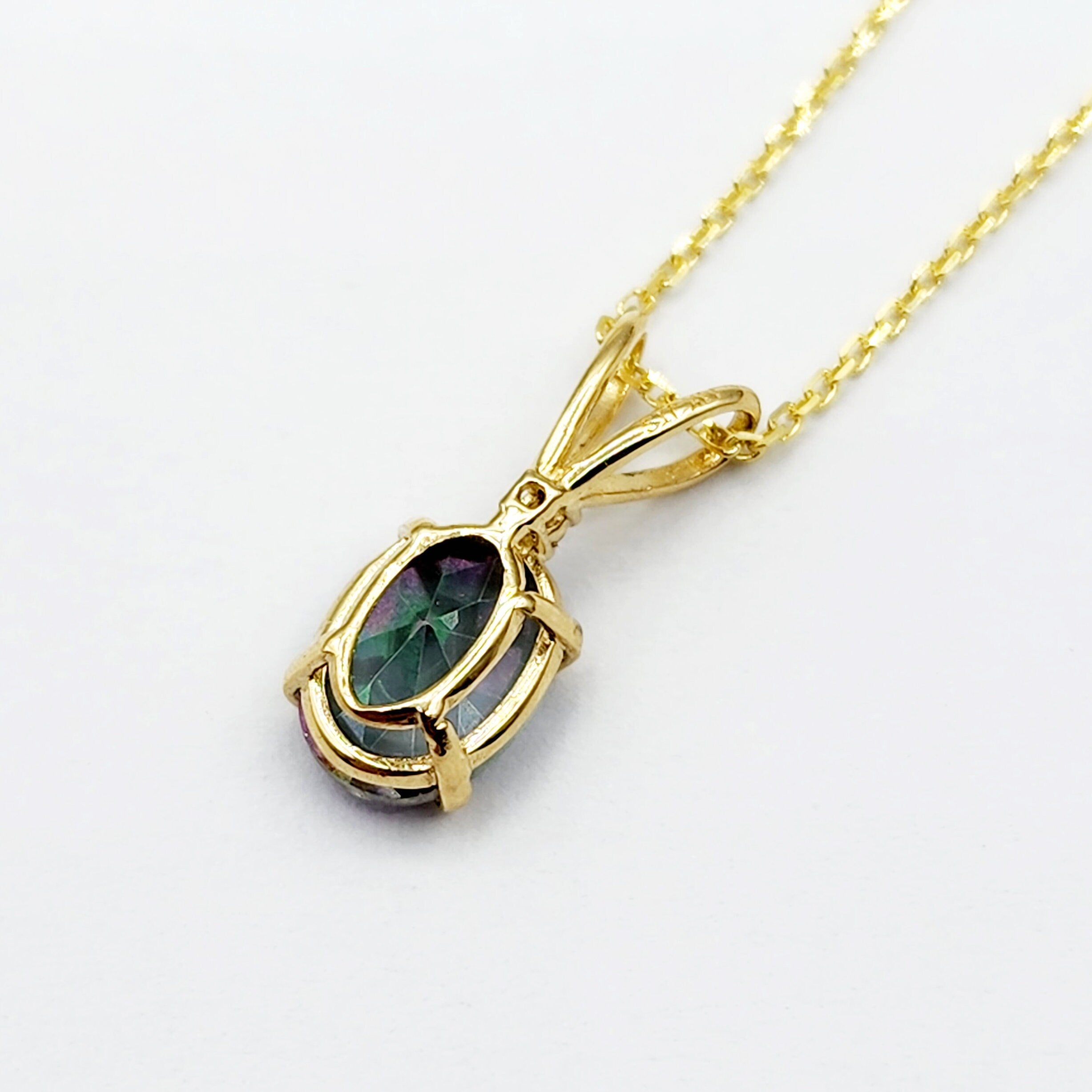 Gold Mystic Topaz Pendant Necklace, 10K Yellow Gold Mystic Topaz 8x6mm with Diamond Pendant, Gemstone Necklace For Women, Pendant For Her