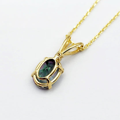 Gold Mystic Topaz Pendant Necklace, 10K Yellow Gold Mystic Topaz 8x6mm with Diamond Pendant, Gemstone Necklace For Women, Pendant For Her
