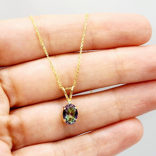 Gold Mystic Topaz Pendant Necklace, 10K Yellow Gold Mystic Topaz 8x6mm with Diamond Pendant, Gemstone Necklace For Women, Pendant For Her