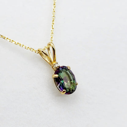 Gold Mystic Topaz Pendant Necklace, 10K Yellow Gold Mystic Topaz 8x6mm with Diamond Pendant, Gemstone Necklace For Women, Pendant For Her