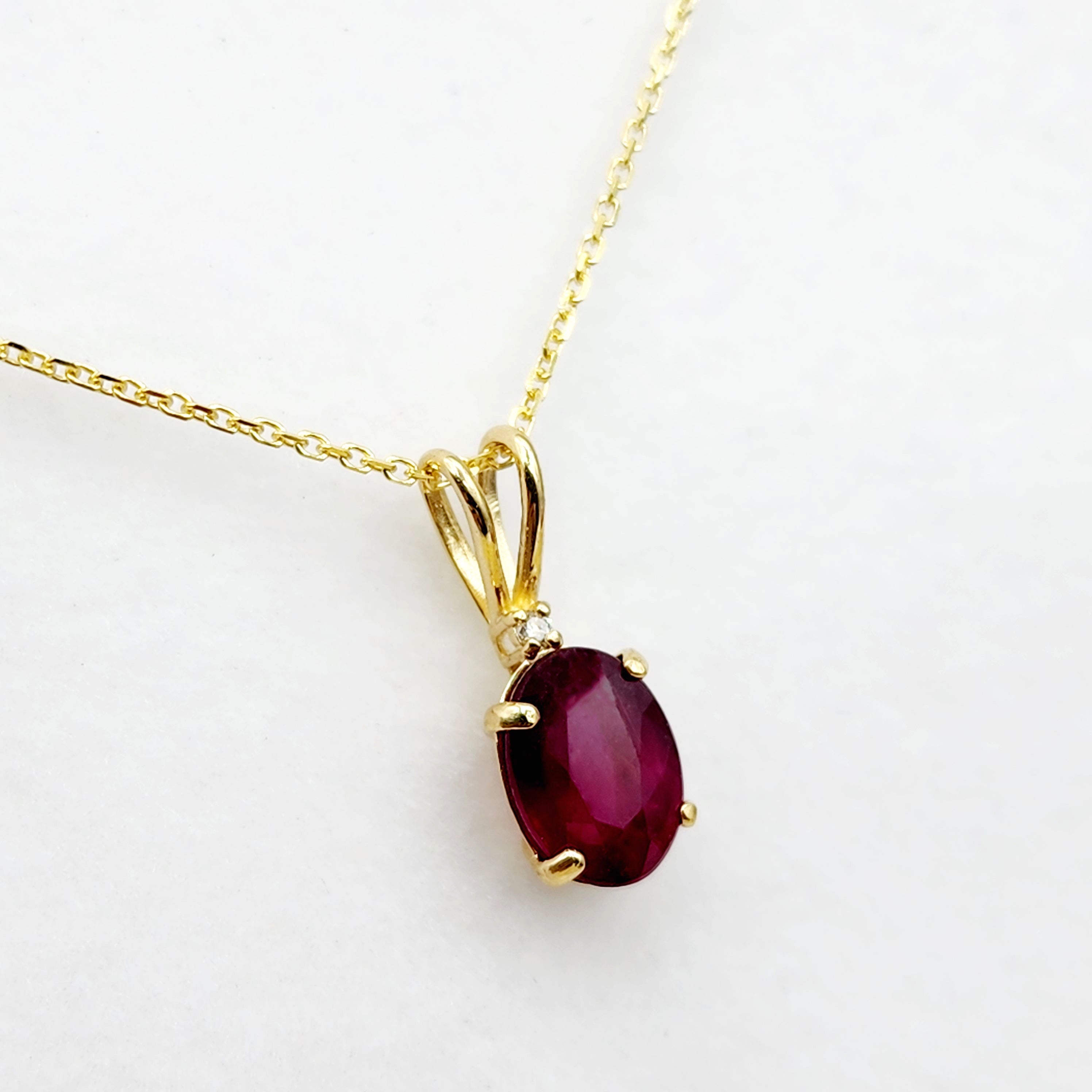 Gold Ruby Pendant Necklace, 10K Yellow Gold Ruby 8x6mm With diamond Pendant, Birthstone Necklace For Women, July Birthstone