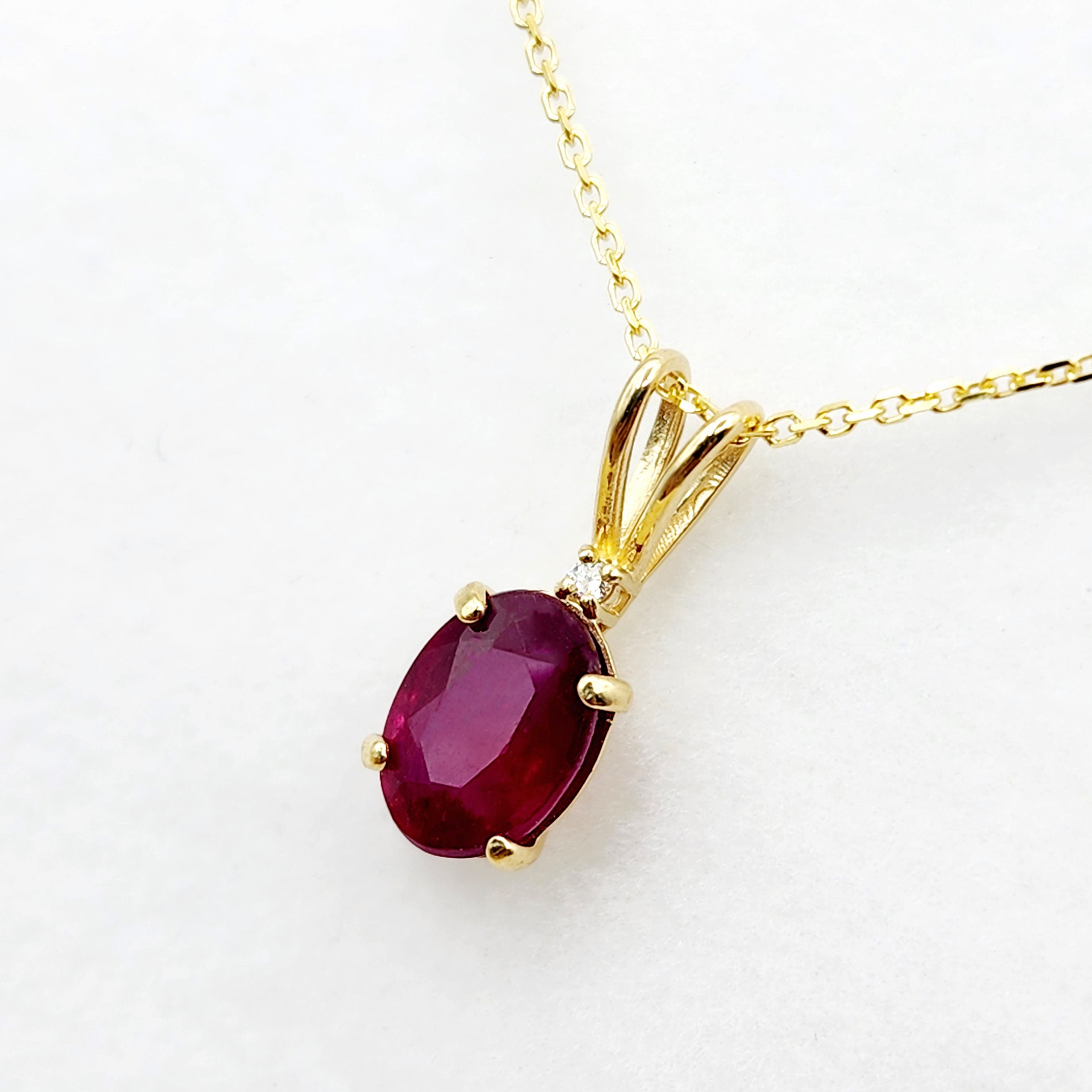 Gold Ruby Pendant Necklace, 10K Yellow Gold Ruby 8x6mm With diamond Pendant, Birthstone Necklace For Women, July Birthstone