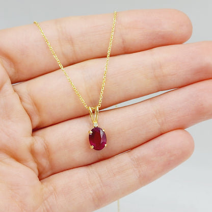 Gold Ruby Pendant Necklace, 10K Yellow Gold Ruby 8x6mm With diamond Pendant, Birthstone Necklace For Women, July Birthstone