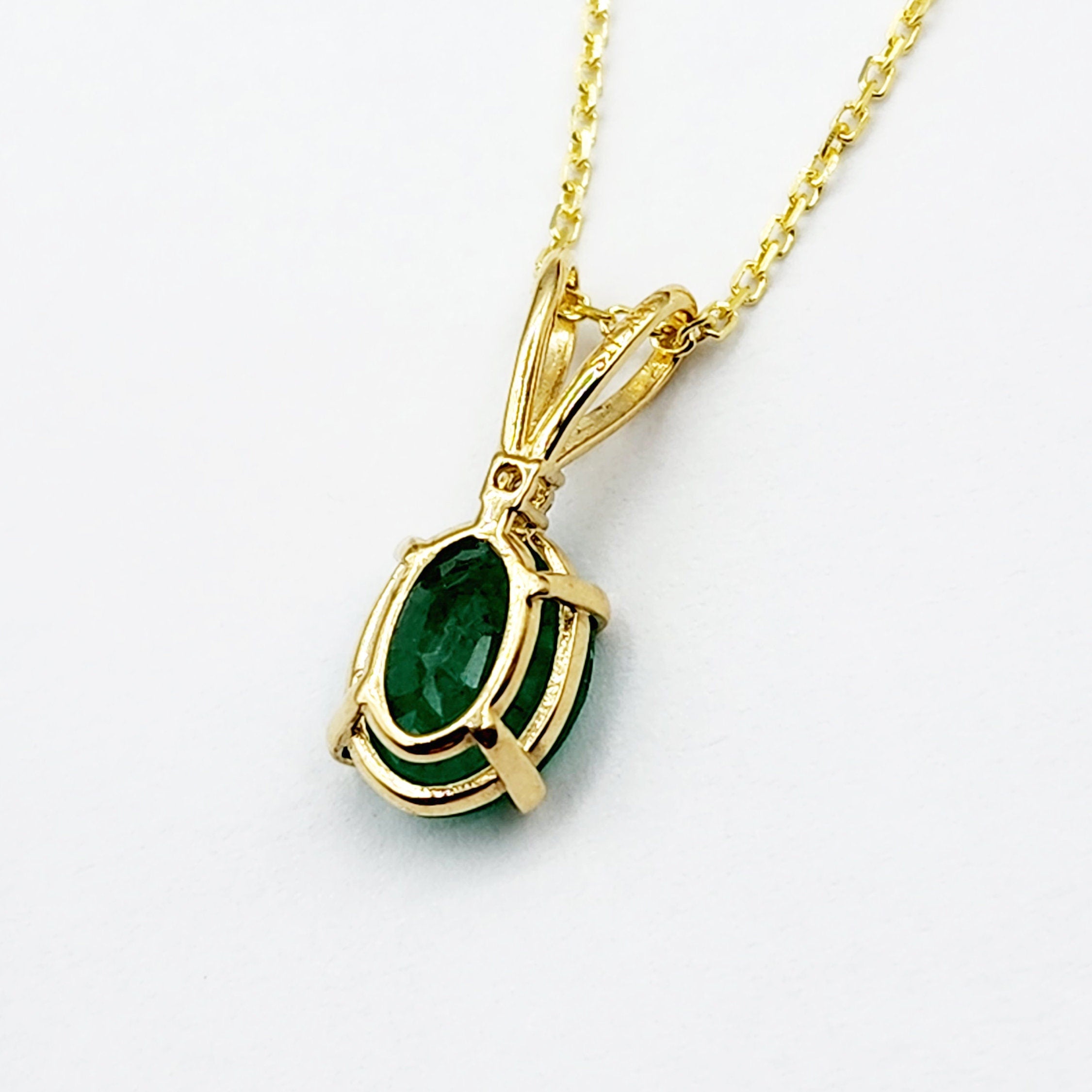 Gold Emerald Pendant Necklace, 10K Yellow Gold Natural Emerald 8x6mm With Diamond Pendant, May Birthstone Necklace For Women