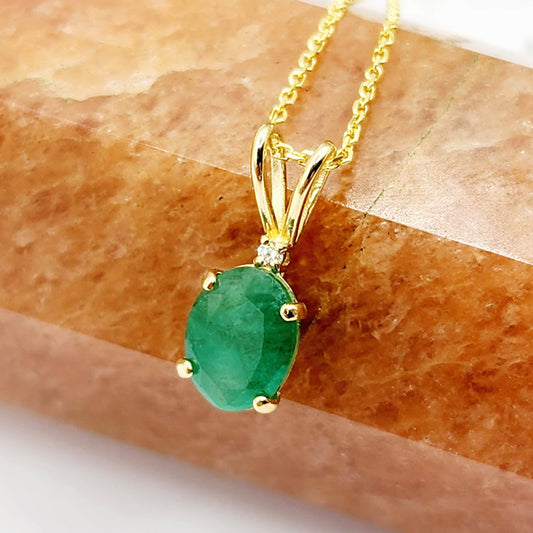 Gold Emerald Pendant Necklace, 10K Yellow Gold Natural Emerald 8x6mm With Diamond Pendant, May Birthstone Necklace For Women