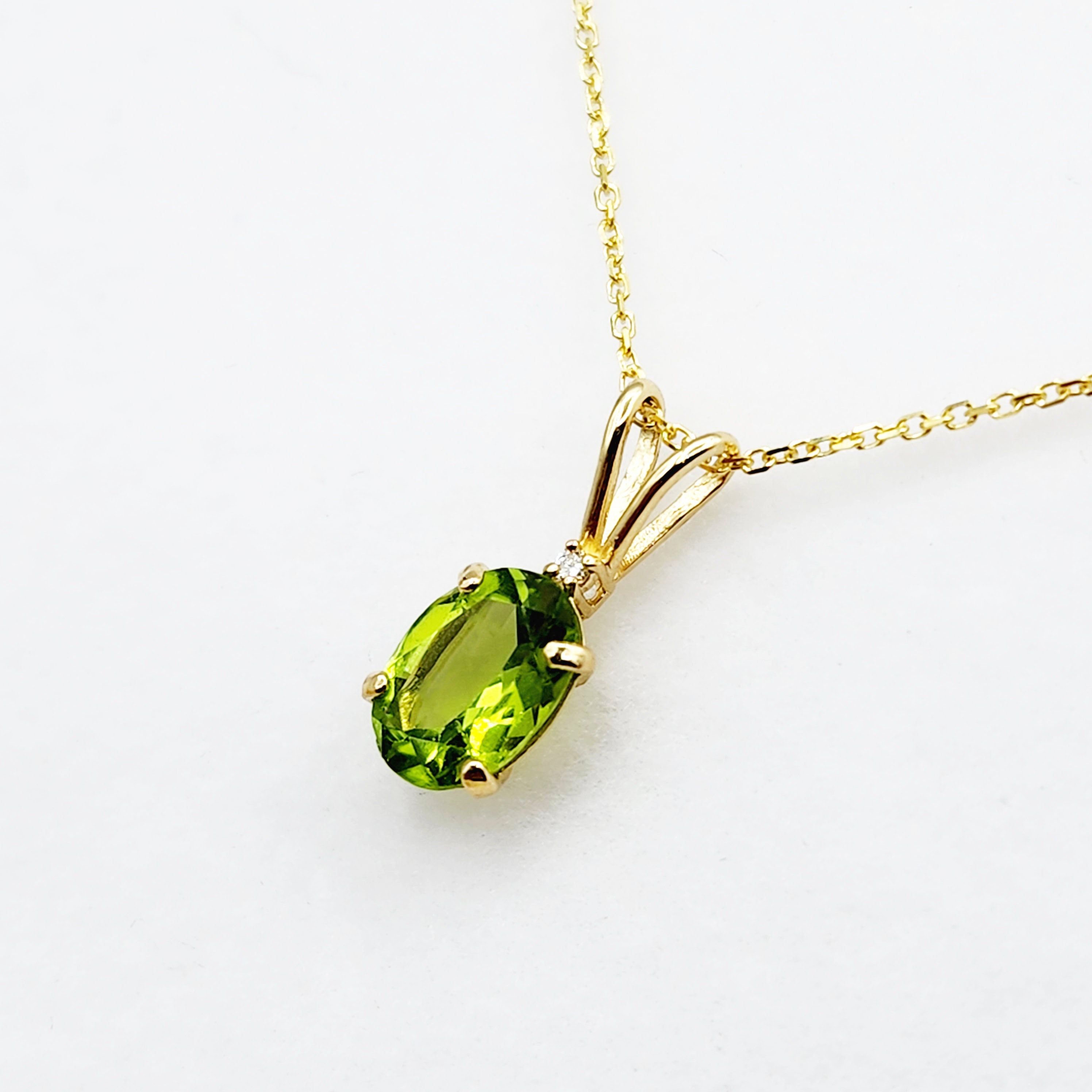 Gold Peridot Pendant Necklace, 10K Yellow Gold Peridot 8x6mm with Diamond Pendant, Birthstone Necklace For Women, Gift For Her