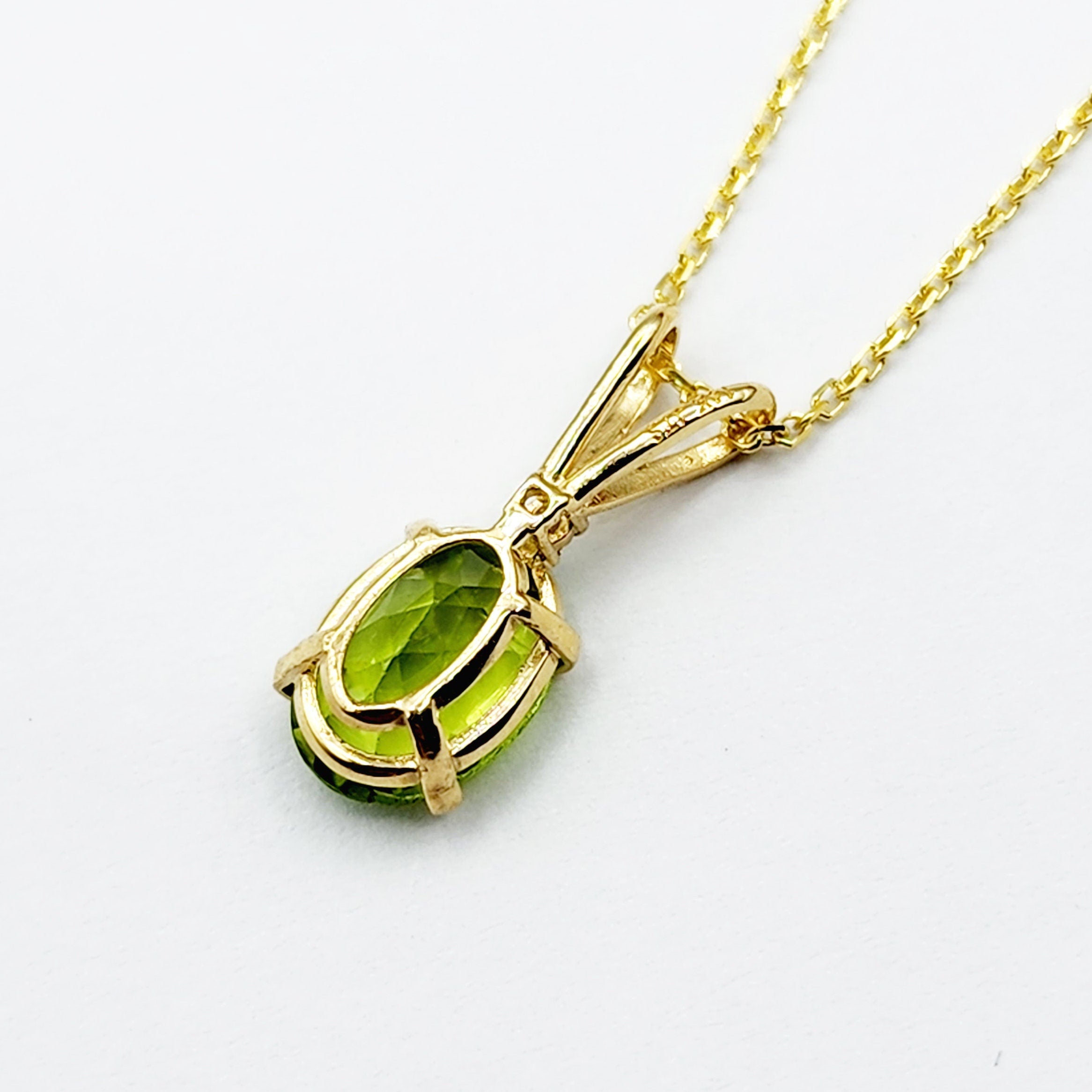 Gold Peridot Pendant Necklace, 10K Yellow Gold Peridot 8x6mm with Diamond Pendant, Birthstone Necklace For Women, Gift For Her