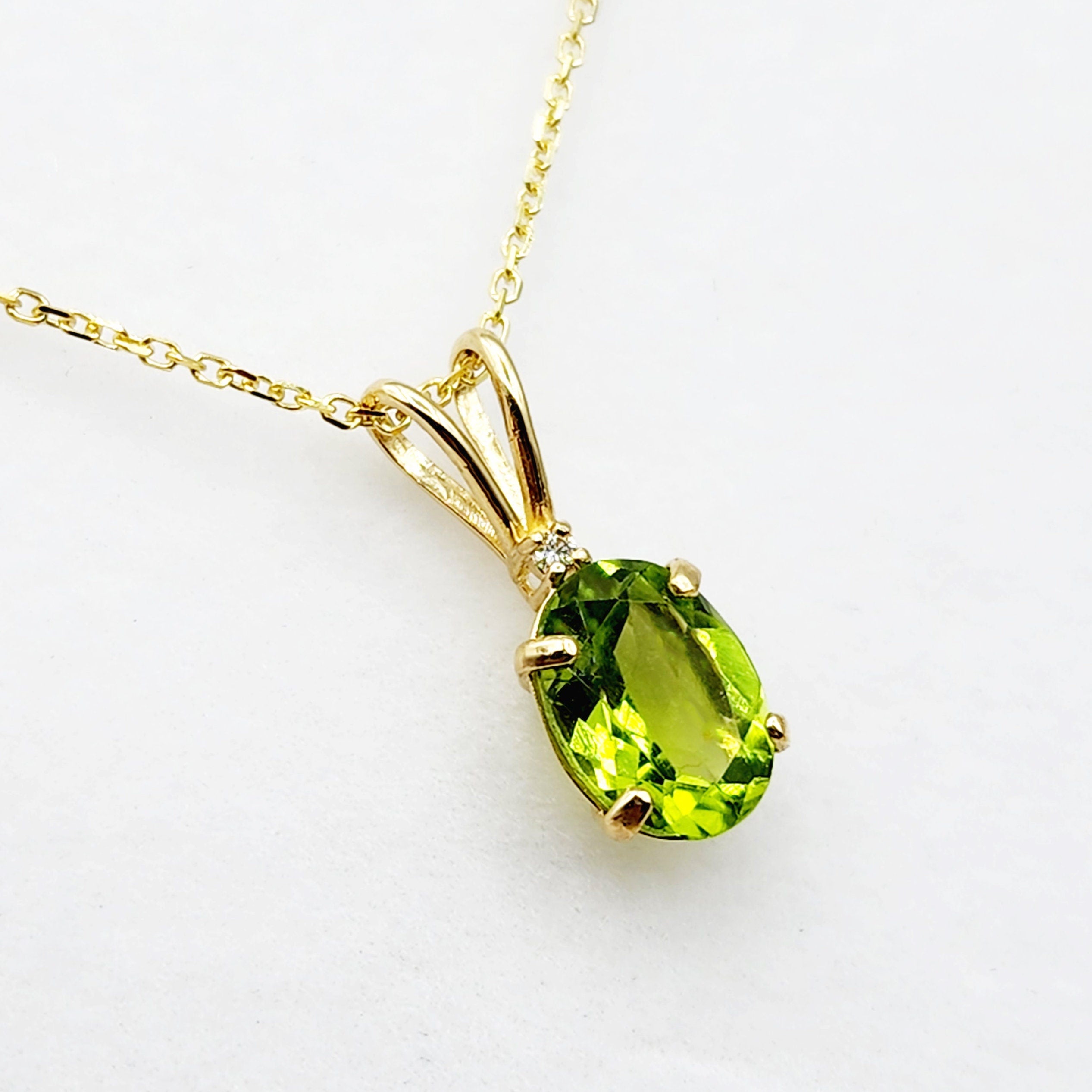 Gold Peridot Pendant Necklace, 10K Yellow Gold Peridot 8x6mm with Diamond Pendant, Birthstone Necklace For Women, Gift For Her