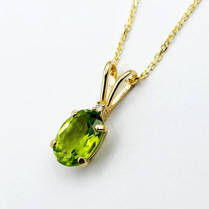 Gold Peridot Pendant Necklace, 10K Yellow Gold Peridot 8x6mm with Diamond Pendant, Birthstone Necklace For Women, Gift For Her