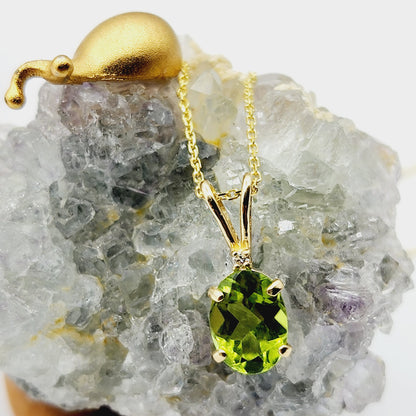 Gold Peridot Pendant Necklace, 10K Yellow Gold Peridot 8x6mm with Diamond Pendant, Birthstone Necklace For Women, Gift For Her