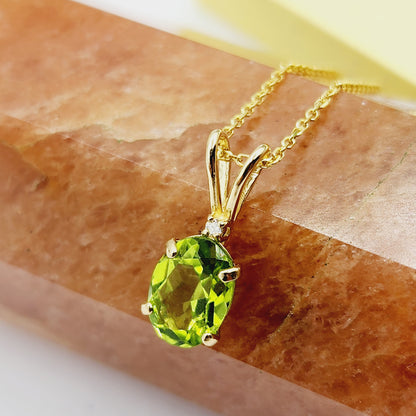 Gold Peridot Pendant Necklace, 10K Yellow Gold Peridot 8x6mm with Diamond Pendant, Birthstone Necklace For Women, Gift For Her
