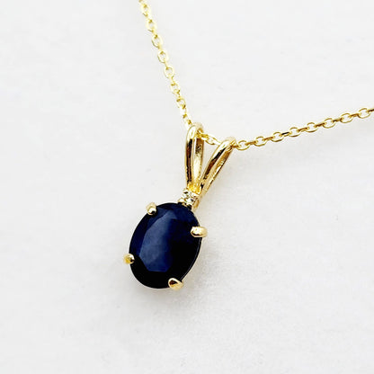 Gold Blue Sapphire Pendant, 10K Yellow Gold Natural Blue Sapphire 8x6mm With Diamond Pendant, September Birthstone Jewelry For Women