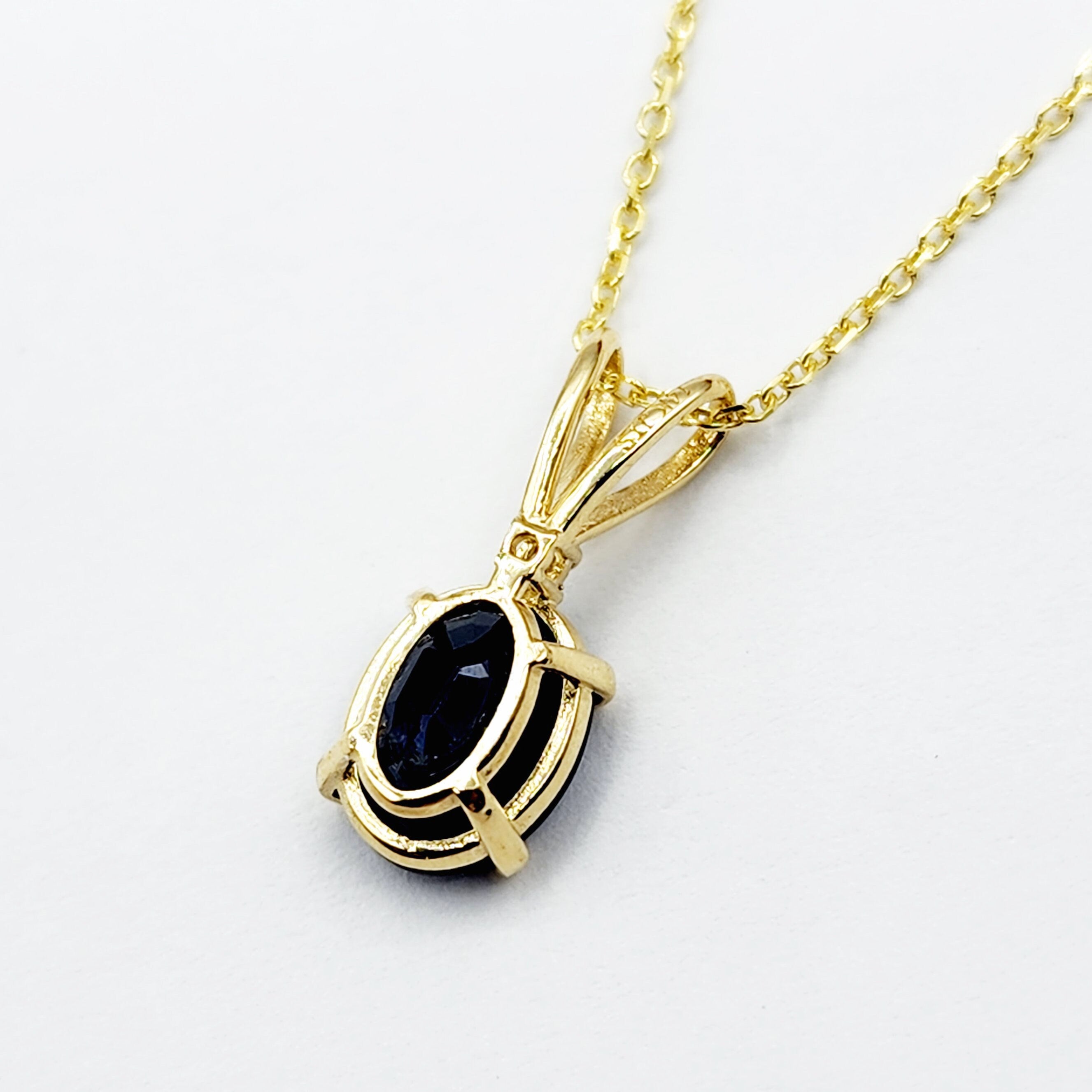 Gold Blue Sapphire Pendant, 10K Yellow Gold Natural Blue Sapphire 8x6mm With Diamond Pendant, September Birthstone Jewelry For Women