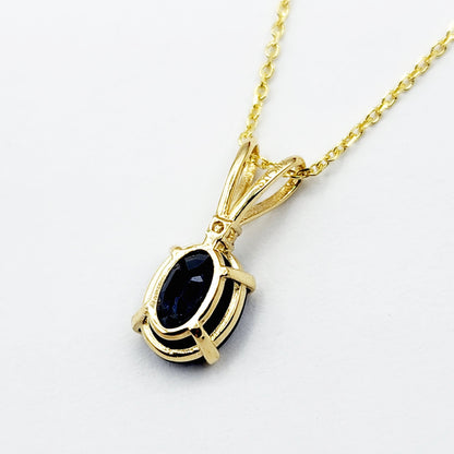 Gold Blue Sapphire Pendant, 10K Yellow Gold Natural Blue Sapphire 8x6mm With Diamond Pendant, September Birthstone Jewelry For Women