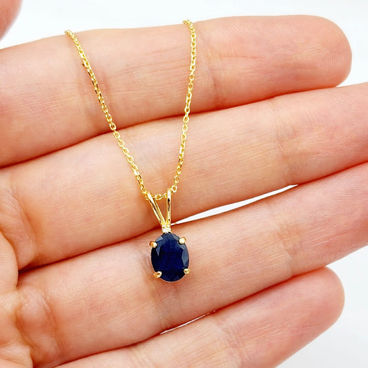 Gold Blue Sapphire Pendant, 10K Yellow Gold Natural Blue Sapphire 8x6mm With Diamond Pendant, September Birthstone Jewelry For Women