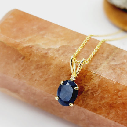 Gold Blue Sapphire Pendant, 10K Yellow Gold Natural Blue Sapphire 8x6mm With Diamond Pendant, September Birthstone Jewelry For Women