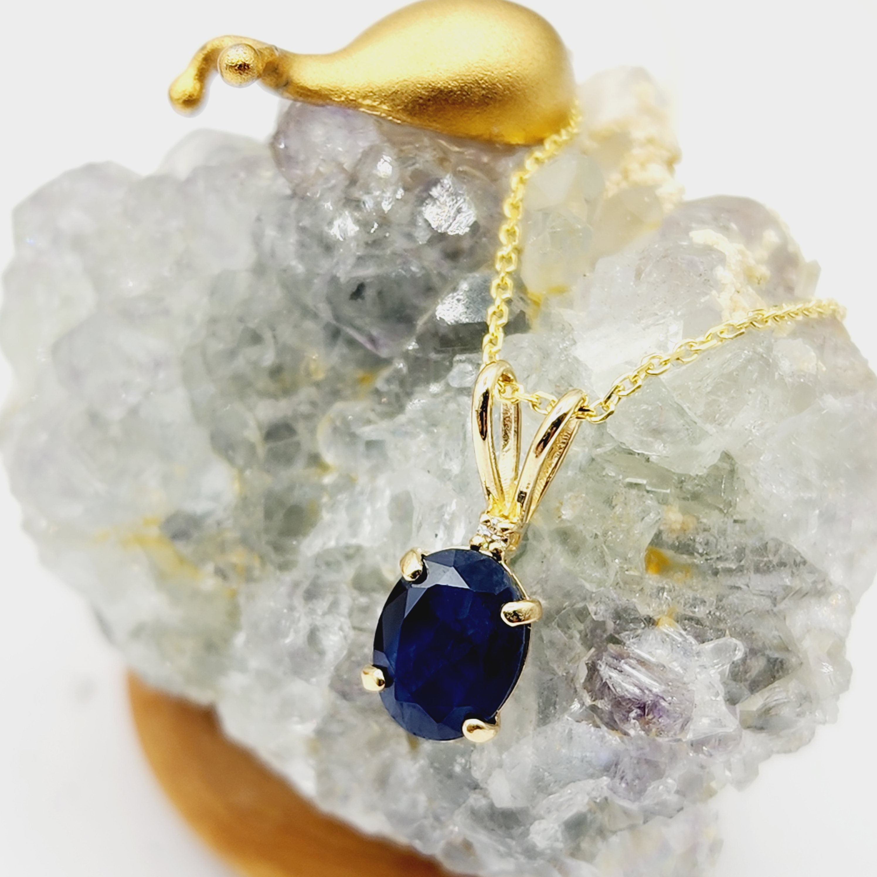 Gold Blue Sapphire Pendant, 10K Yellow Gold Natural Blue Sapphire 8x6mm With Diamond Pendant, September Birthstone Jewelry For Women