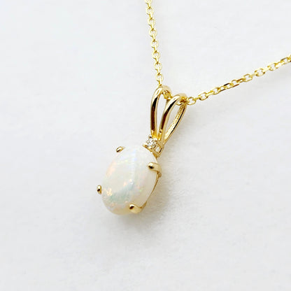 Gold Genuine Opal Pendant Necklace, 10K Yellow Gold Fire Opal 8x6mm with Diamond Pendant for Women, Dainty Gold Necklace, October Birthstone