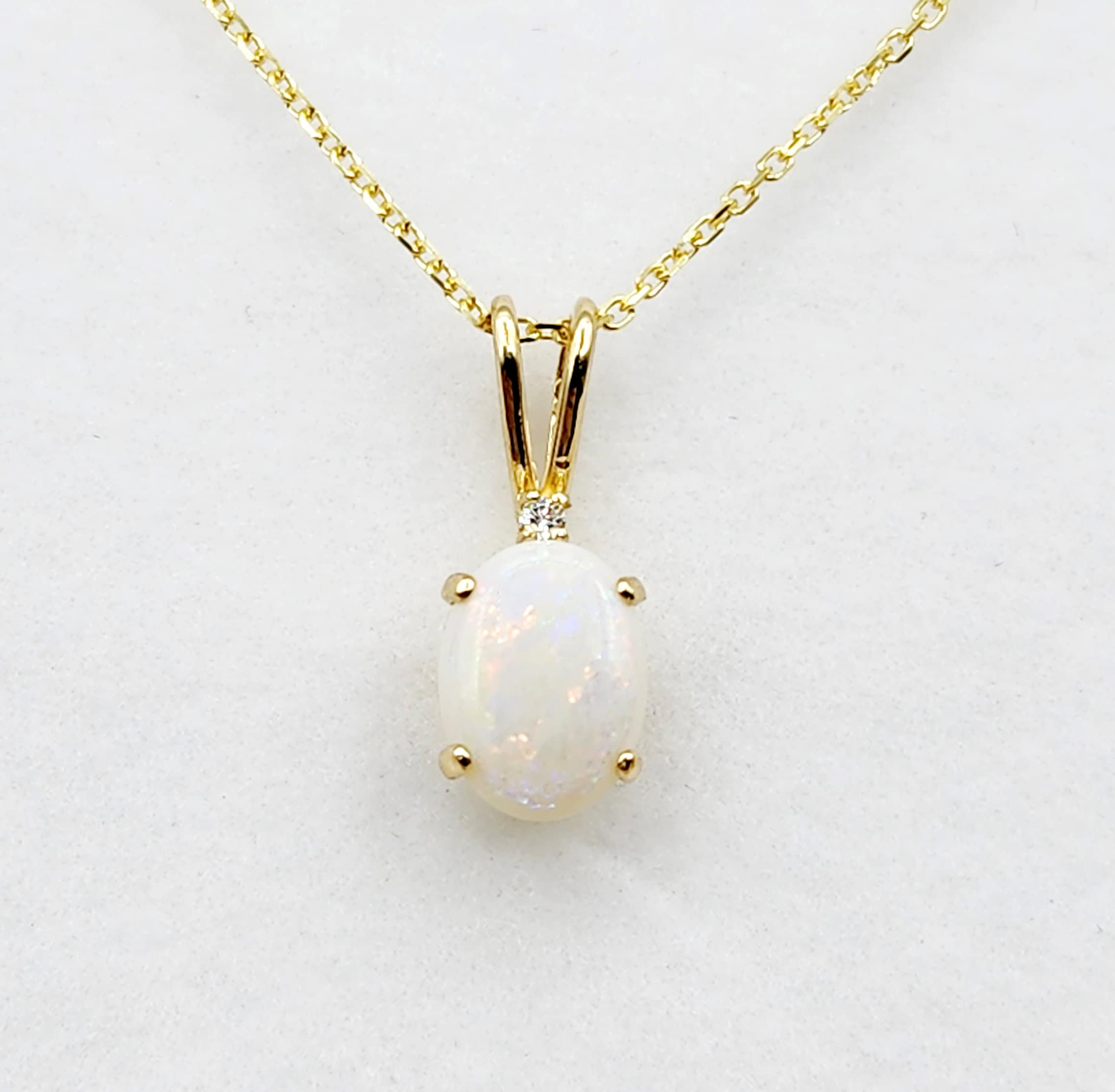 Gold Genuine Opal Pendant Necklace, 10K Yellow Gold Fire Opal 8x6mm with Diamond Pendant for Women, Dainty Gold Necklace, October Birthstone