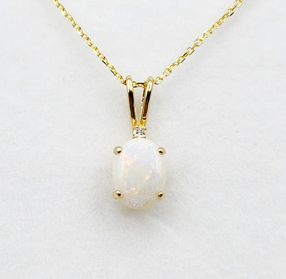 Gold Genuine Opal Pendant Necklace, 10K Yellow Gold Fire Opal 8x6mm with Diamond Pendant for Women, Dainty Gold Necklace, October Birthstone