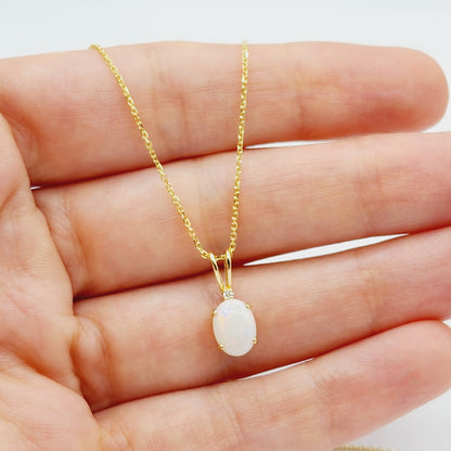 Gold Genuine Opal Pendant Necklace, 10K Yellow Gold Fire Opal 8x6mm with Diamond Pendant for Women, Dainty Gold Necklace, October Birthstone