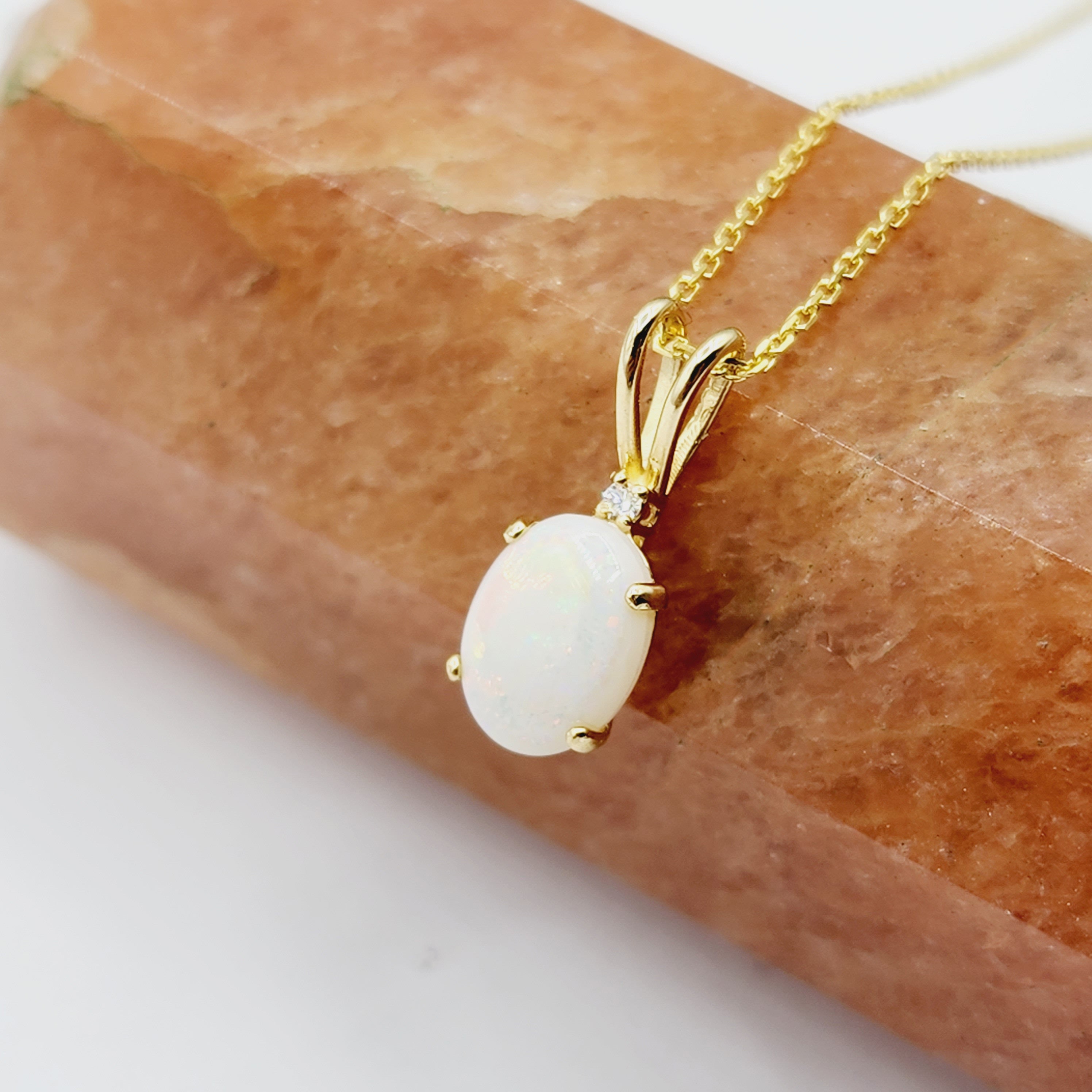 Gold Genuine Opal Pendant Necklace, 10K Yellow Gold Fire Opal 8x6mm with Diamond Pendant for Women, Dainty Gold Necklace, October Birthstone